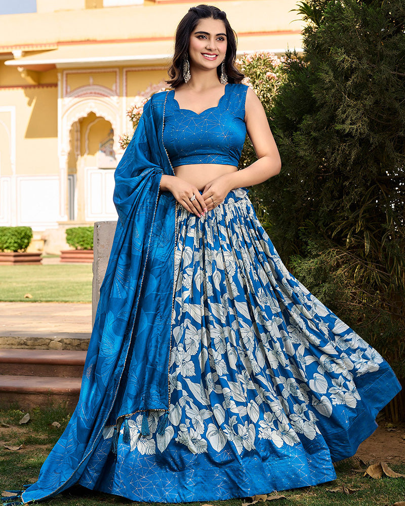 Royal Blue Color Tussar Silk Floral And Foil Printed Navratri Lehenga Choli