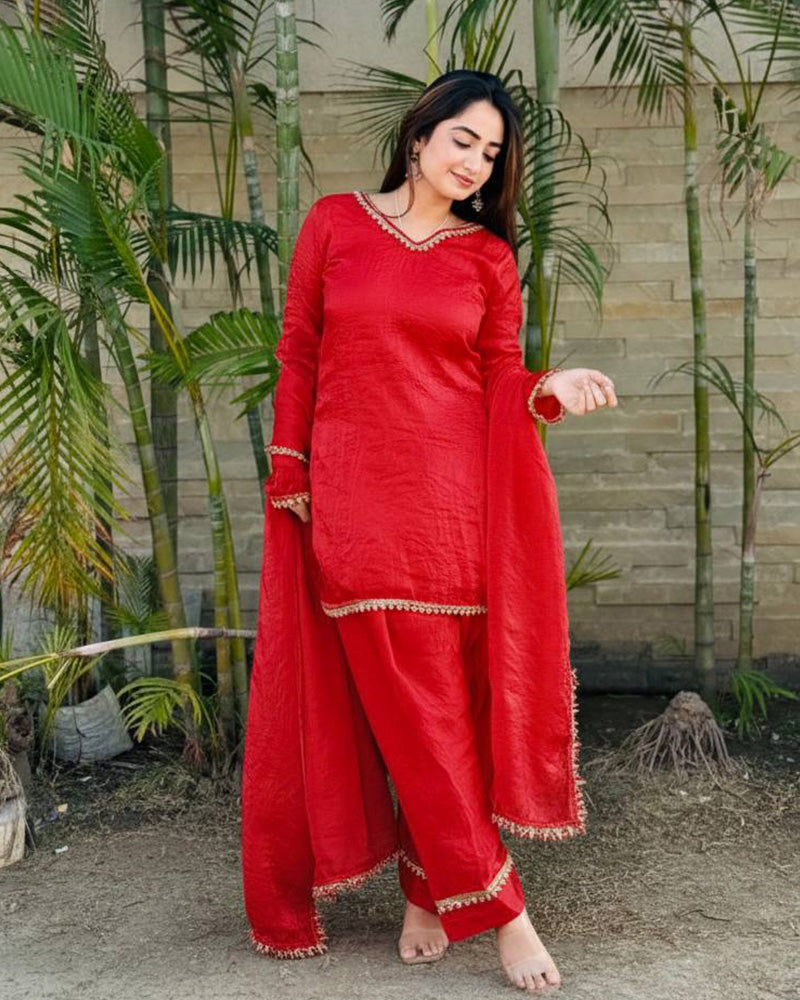 Red Color Fendi Satin Silk Kurti Suit