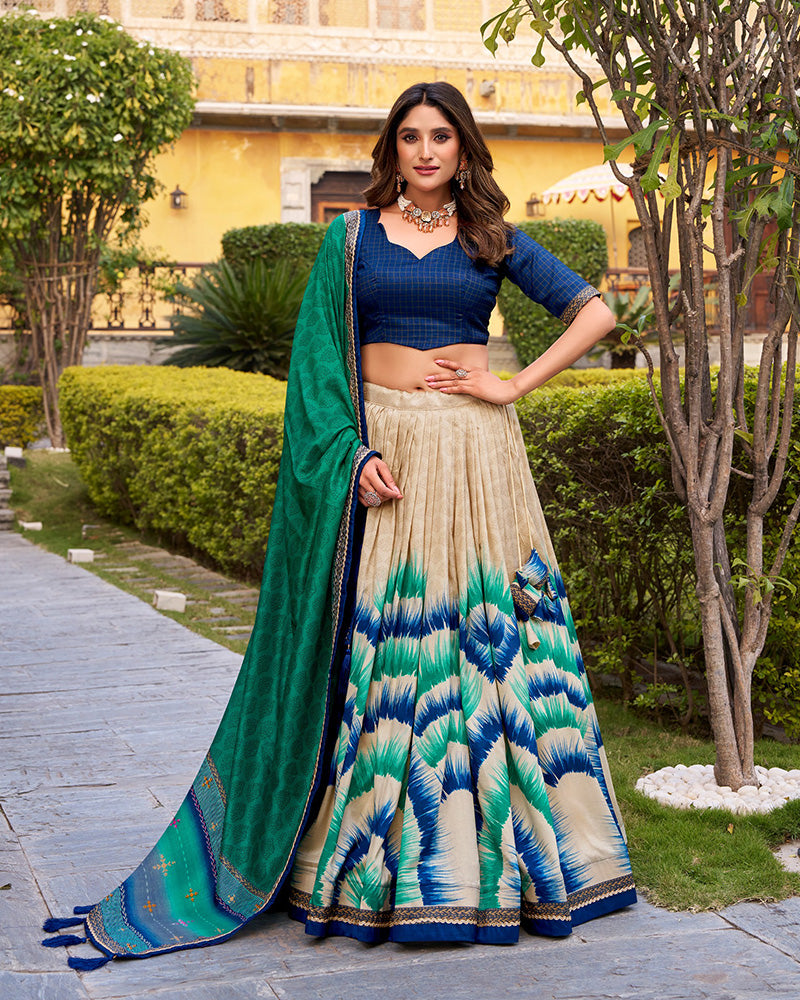 Navy Blue Color Tasar Silk Dye Printed Lehenga Choli