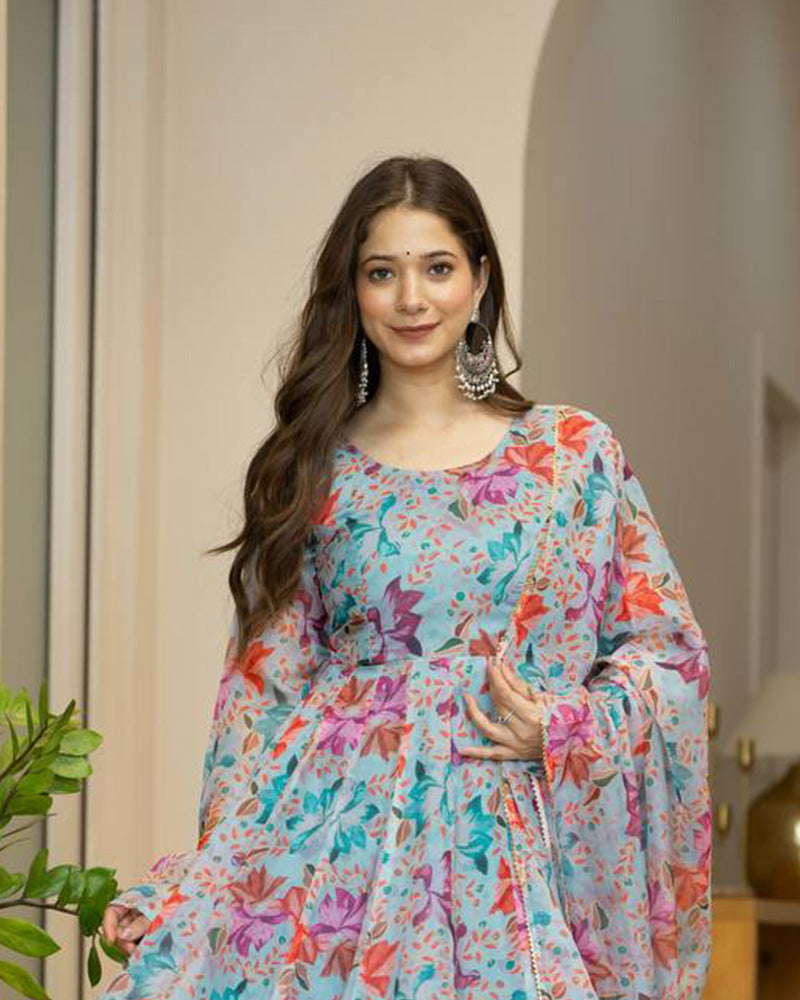 Firozi Color Digital Printed Organza Anarkali Suit