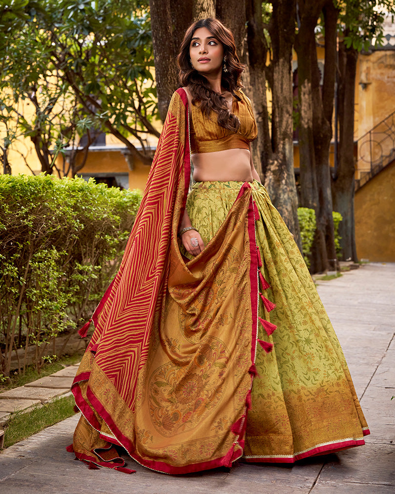 Copper Color Vichitra Silk Printed Lehenga Choli