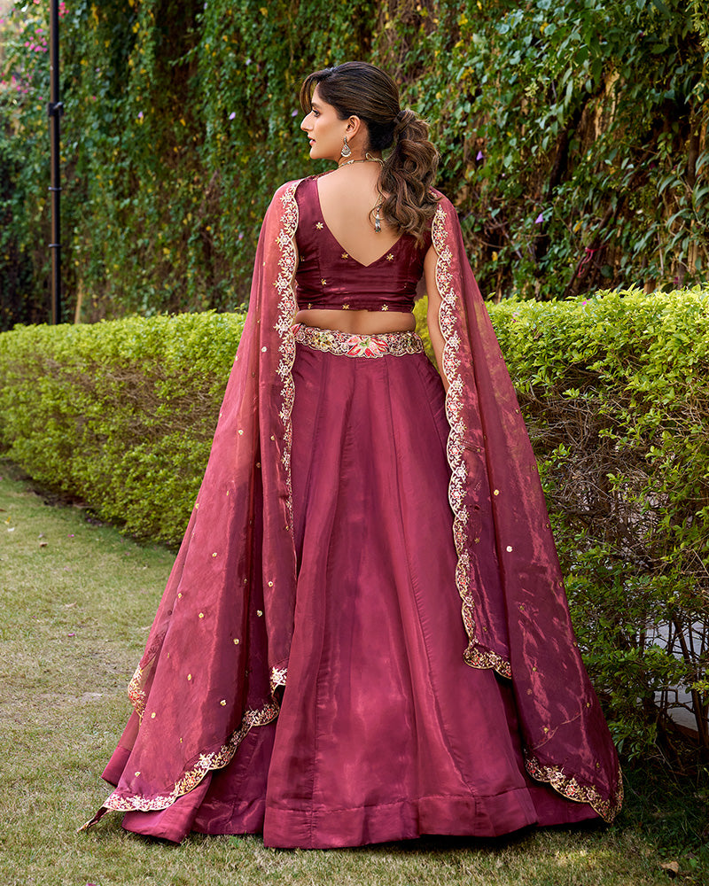 Dusty Wine Color Chanda Silk Embroidered Lehenga Choli