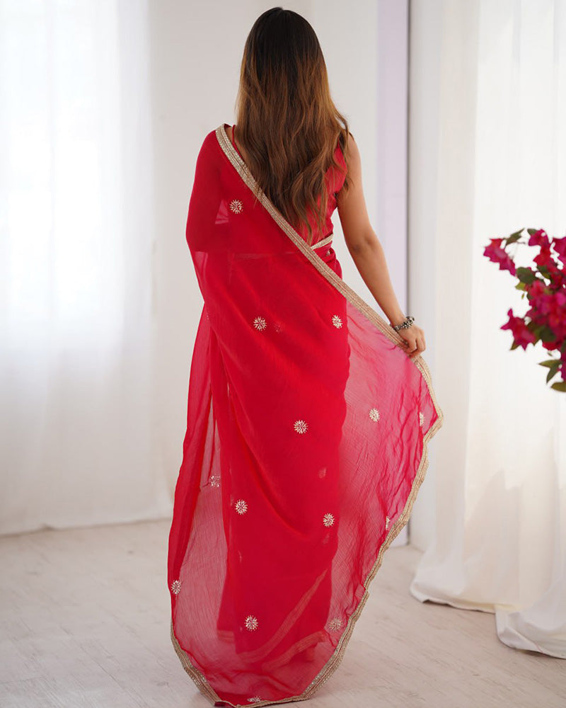 Rani Pink Color Smooth Fandy Embroidered Saree