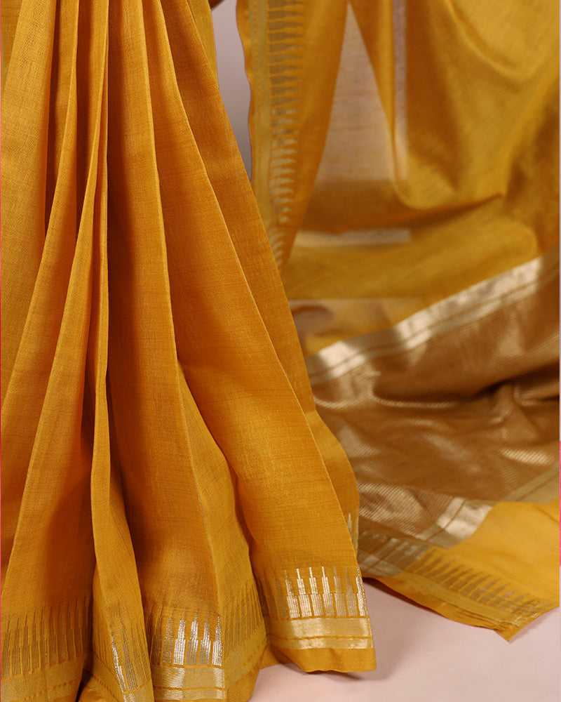 Mustard Color Cotton Silk Zari Weaving Saree