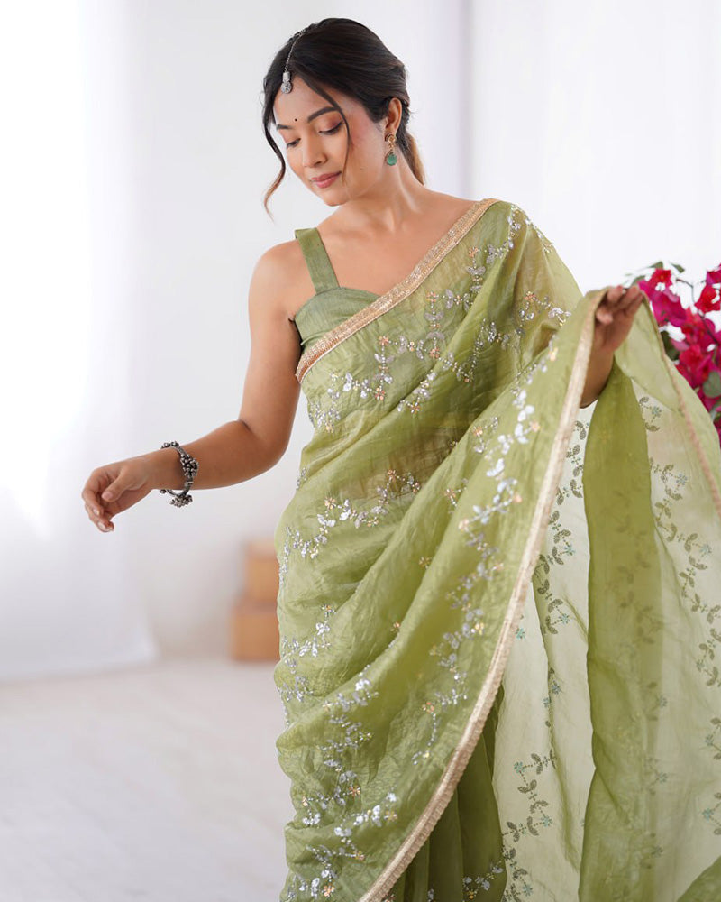 Pista Color Smooth Gold Crush Embroidered Saree