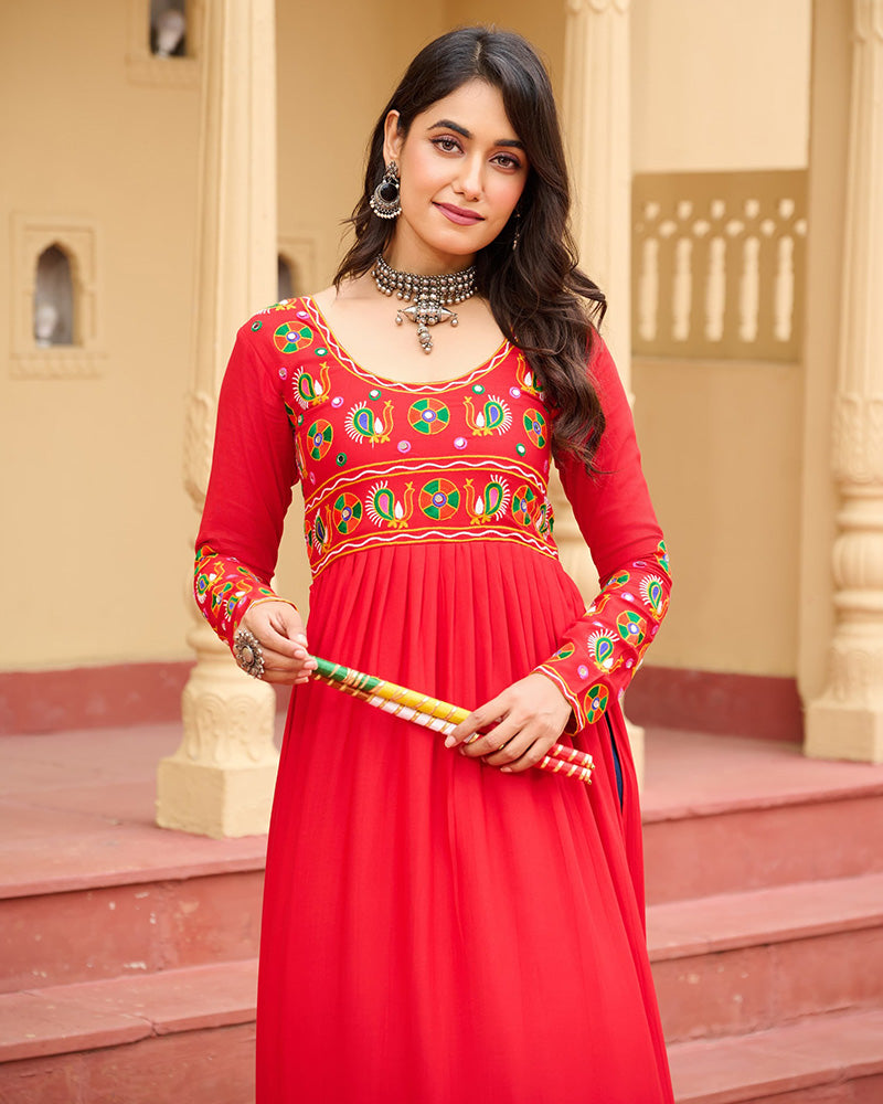 Traditional Red Pure Rayon Embroidered Navratri Kurti