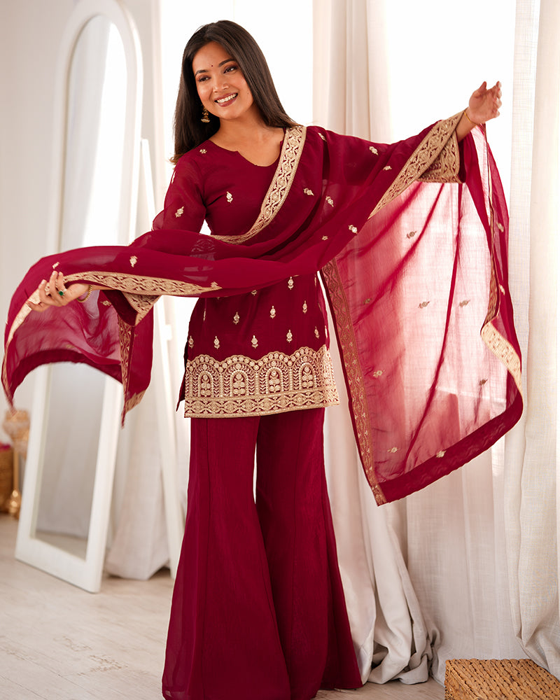 Maroon  Color Crunchy Silk Embroidered Plazzo Suit