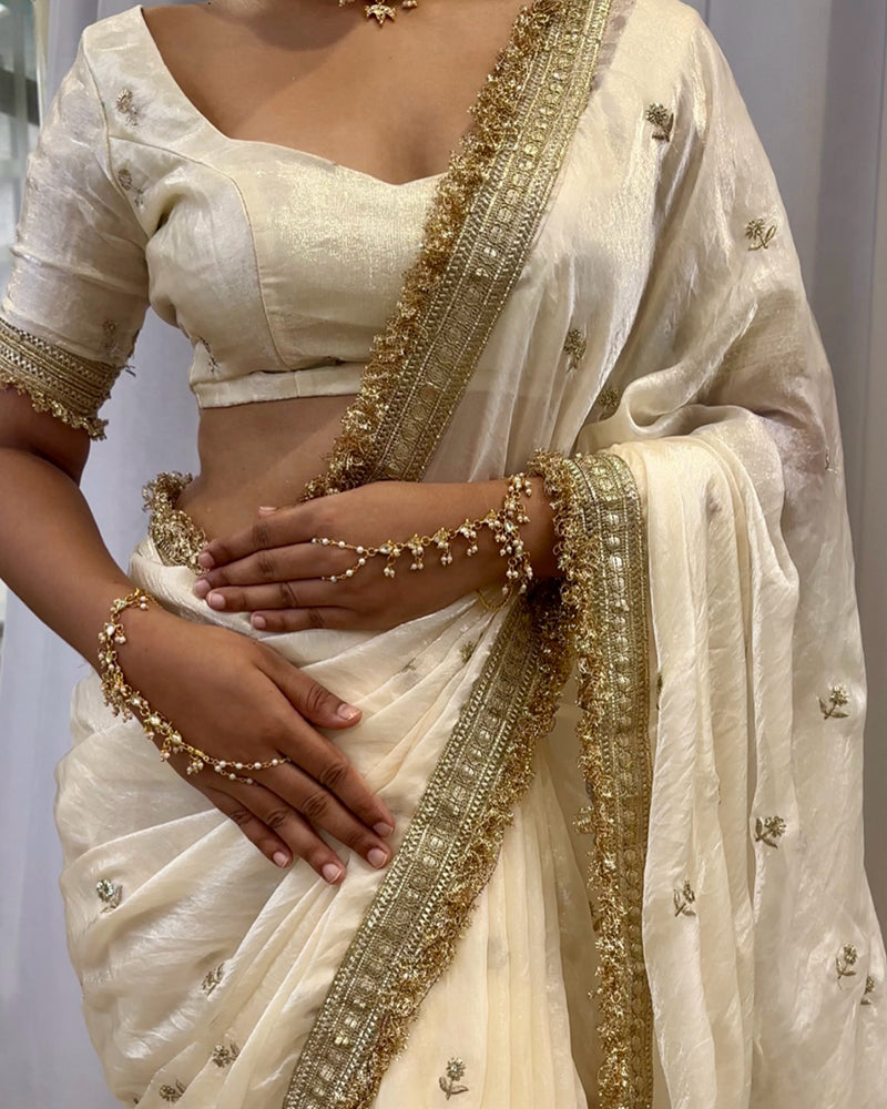 Cream Color Space Satin Embroidered Saree