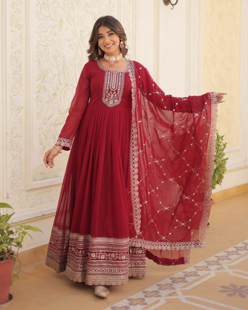 Maroon Color Faux Blooming Rich Sequence Embroidered Gown