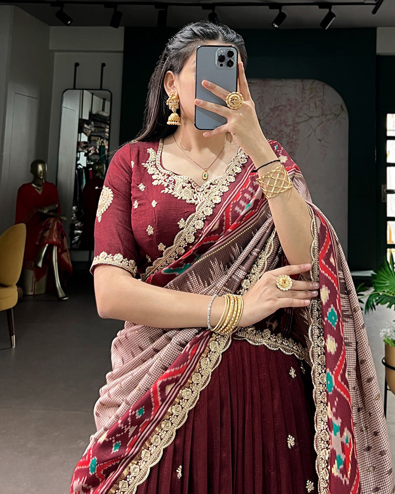 Premium Maroon Embroidered Vichitra Silk Lehenga Choli