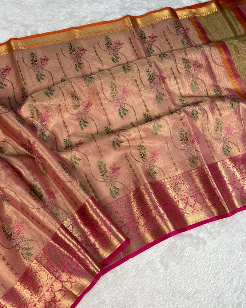 Baby Pink Color Tissue Silk Floral Embroidered Saree