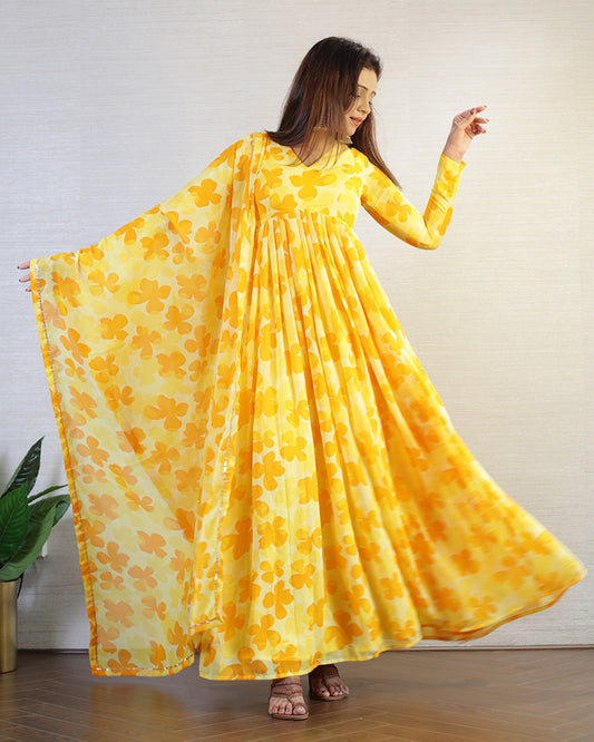 Yellow Color Georgette Three Piece Anarkali Suit