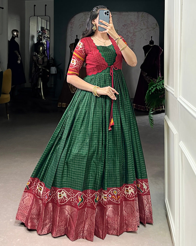 Green Color Tasar Chex Printed Gown With Koti