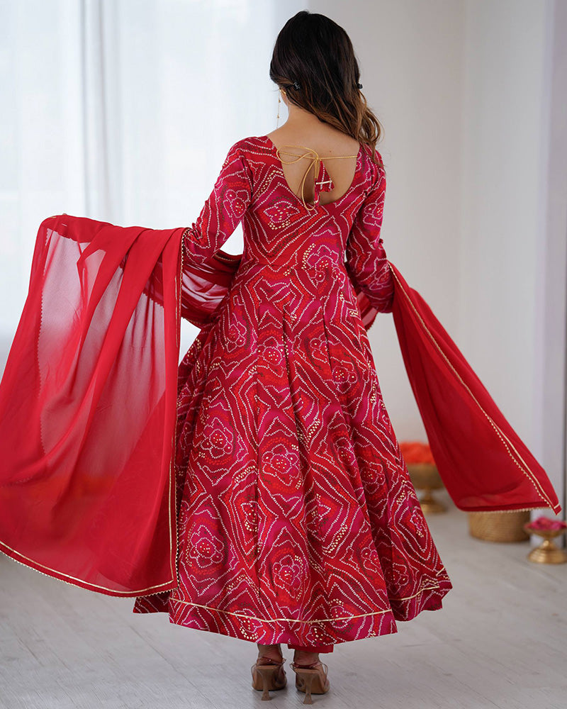 Dark Rani Pink Color Viscose Rayon Bandhej Print Anarkali Suit