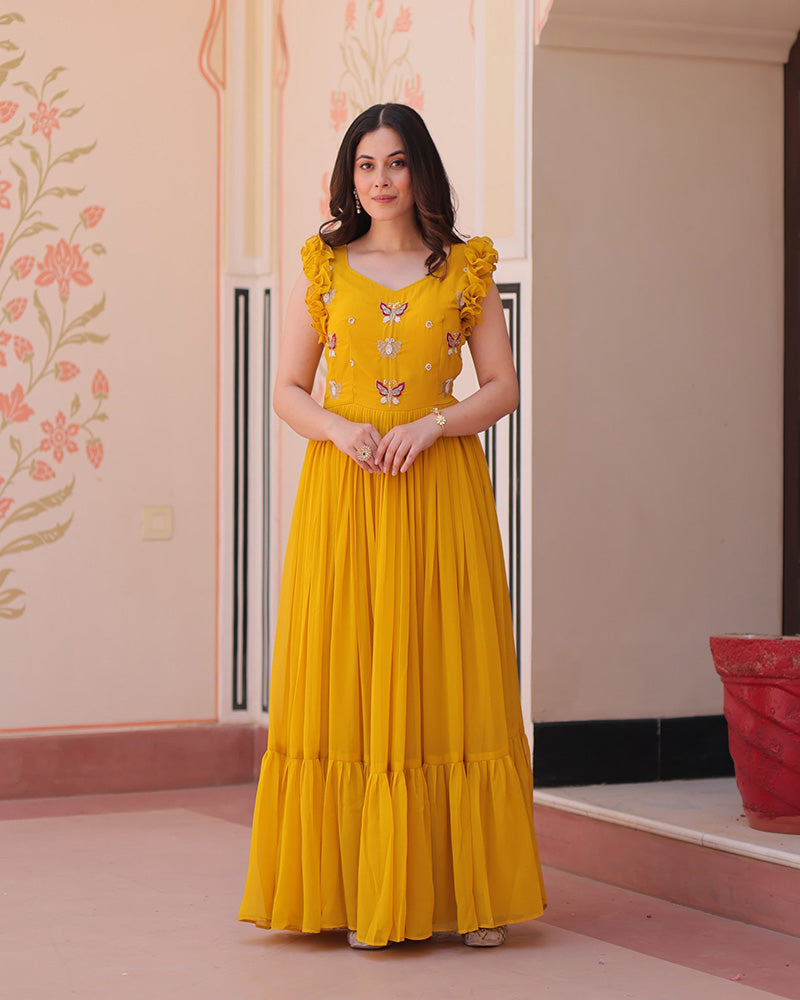 Yellow Color Faux Blooming Embroidered work Gown