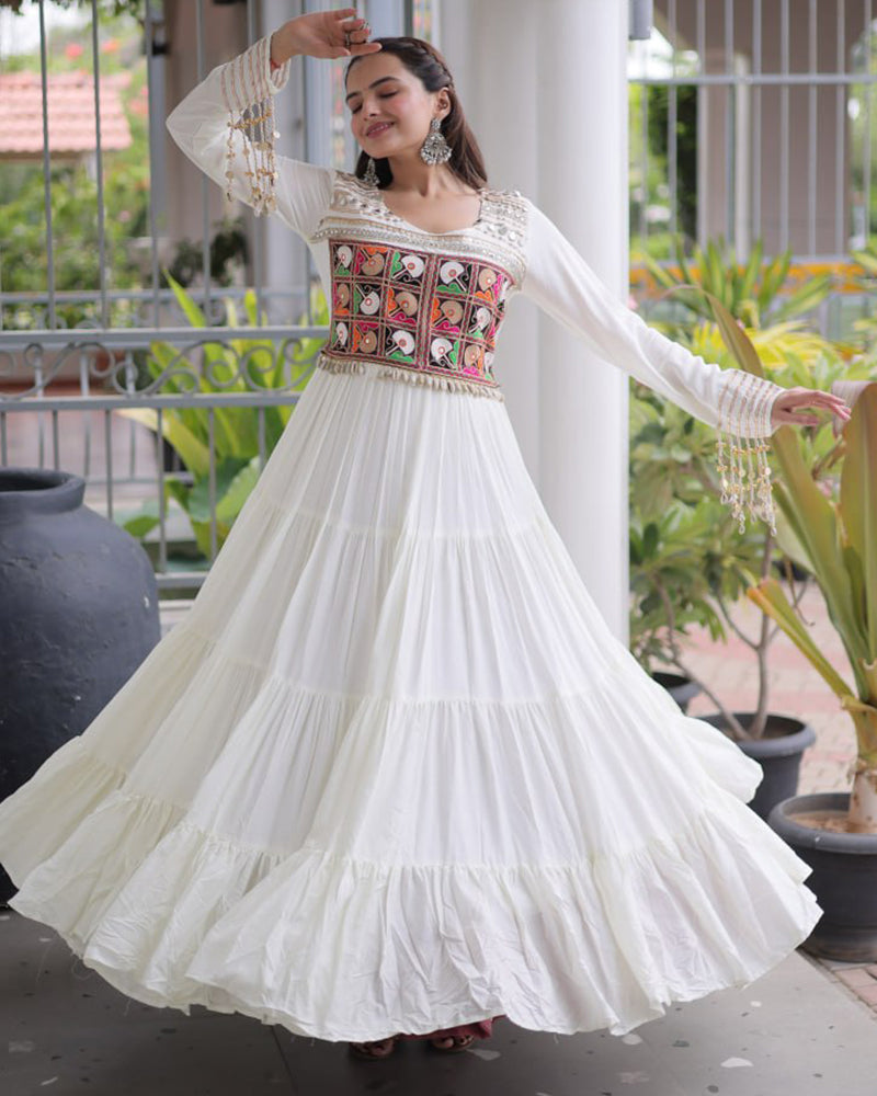 Three Color Rayon with Kutchi  Gamthi Work Navratri Gown