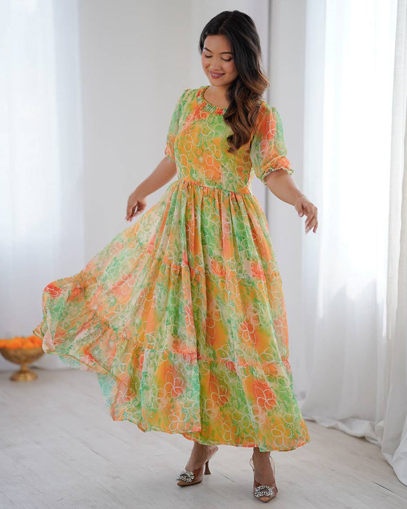 Lime Green Color Georgette Digital Printed Tunic