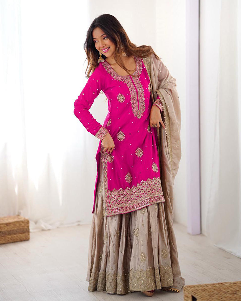 Pink Color Chinon Silk Embroidered Sharara Suit