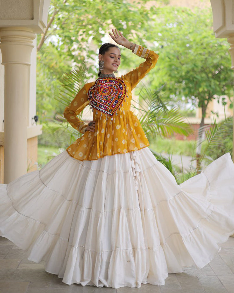 Yellow Color Bandhani Printed With Kora Cotton Navratri Lehenga Set
