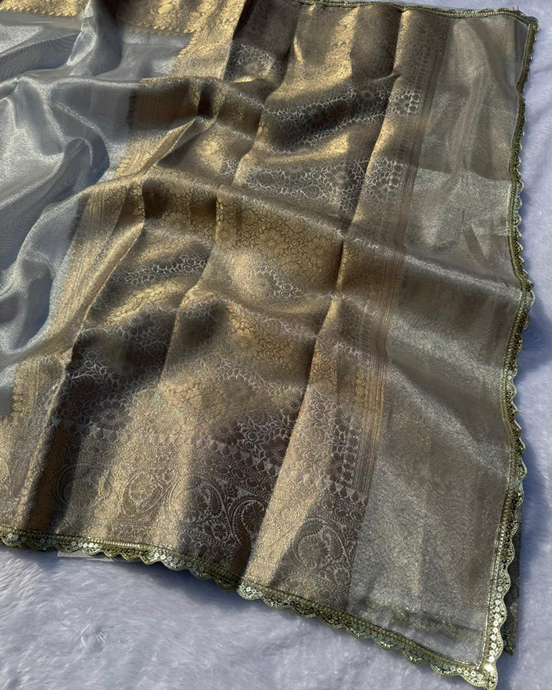 Grey Color Silver Zari Weaving Tissue Saree