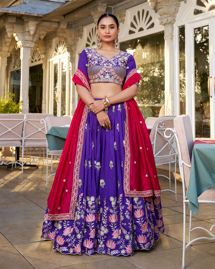 Purple Color Vichitra Silk Thread Embroidered Lehenga Choli