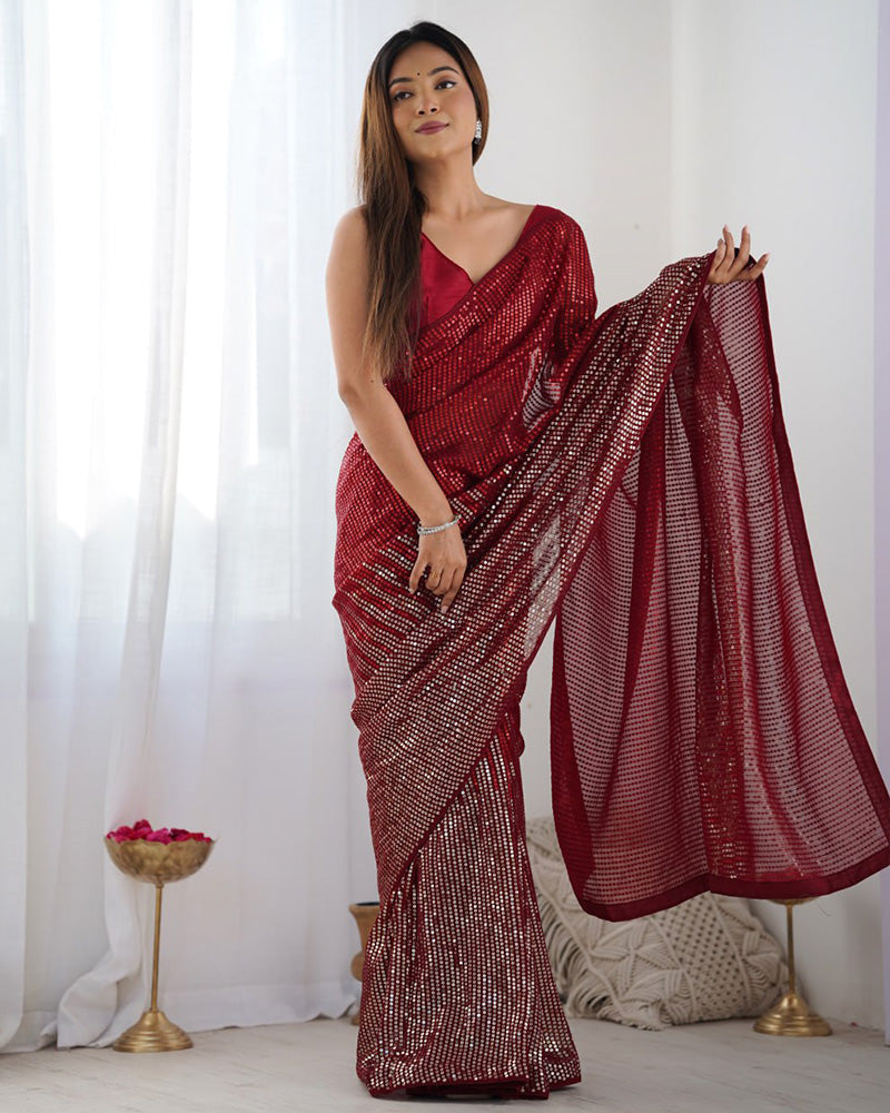Red Color Heavy Georgette Embroidered Saree