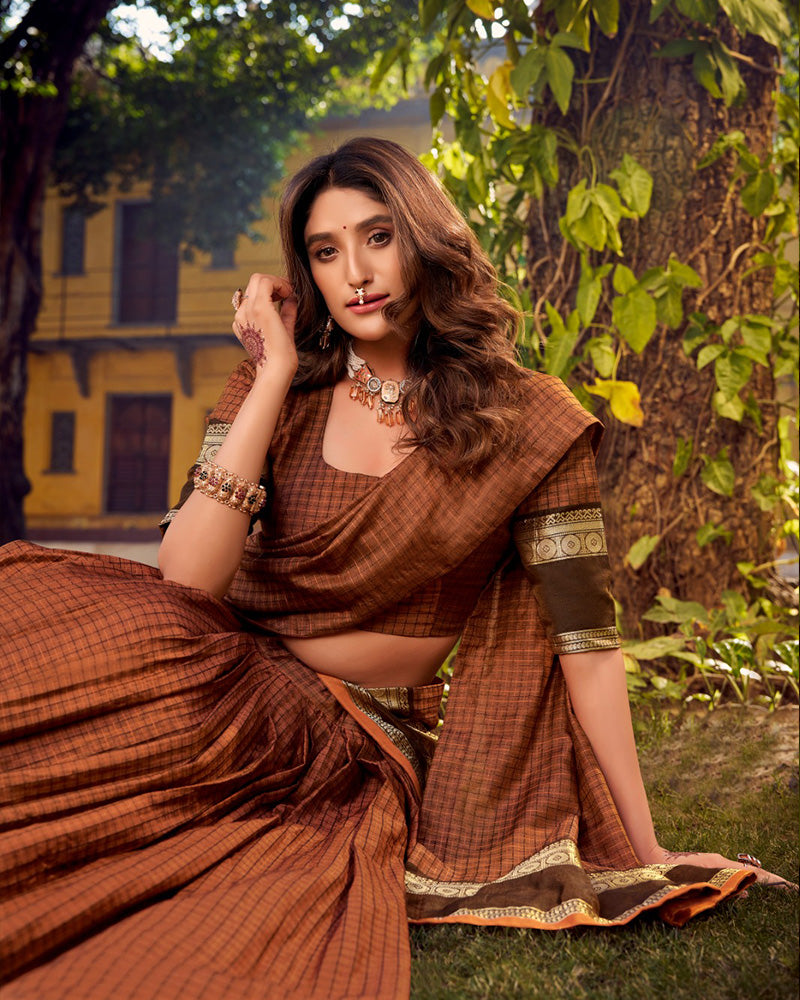 Rust Orange Color Chettinad Cotton Half Saree