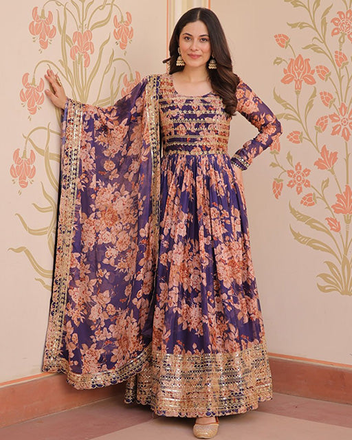 Wine Color Russian Silk Embroidered Gown