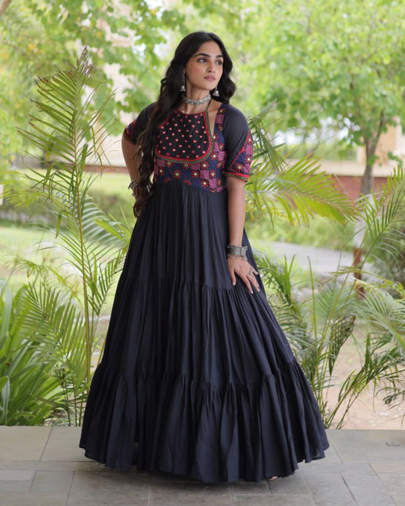 Two Color Kora Cotton with Multi Thread Embroidered Navratri Gown