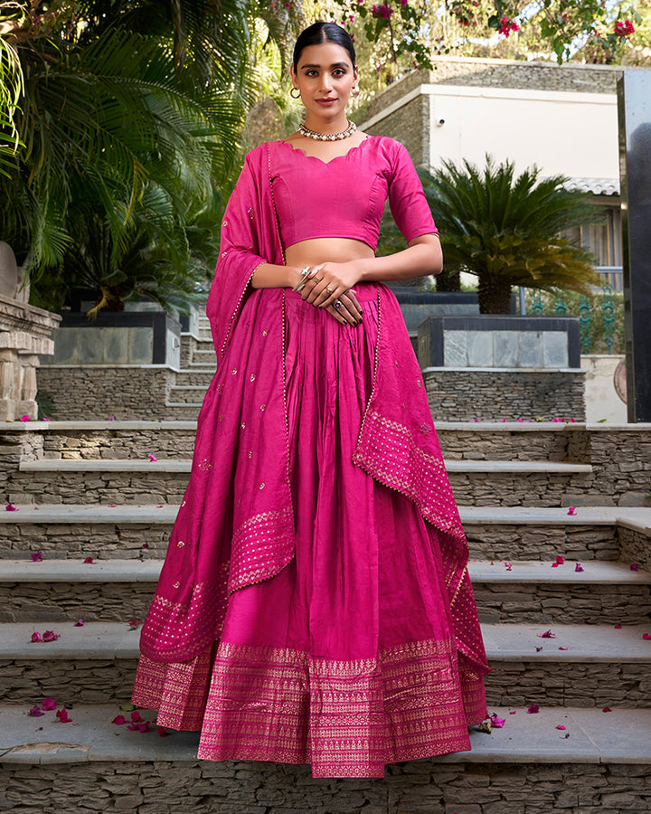 Pink Color Pure Chanderi Plain Navratri Lehenga Choli