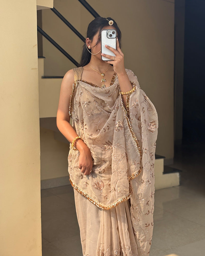 Cream Color Rose Gold Silk Beads Embroidered Saree