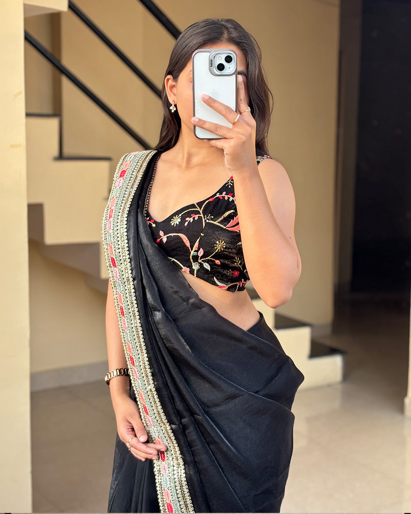 Black Color Pure Space Silk Embroidered Saree