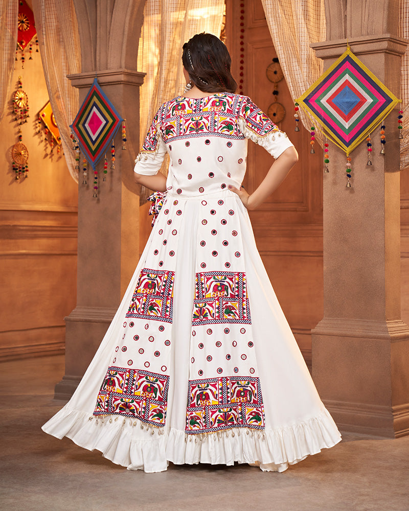 White Color Viscose Rayon Threaded Fully Stitched Navratri Lehenga Choli