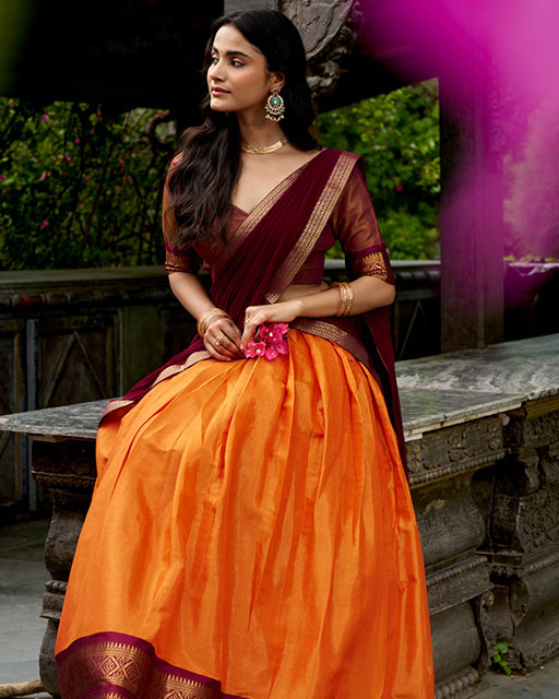 Elegant Orange Color Kanchipuram Designer Half Saree