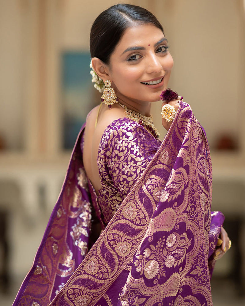 Purple Color Banarasi Jacquard Zari Weaving Saree