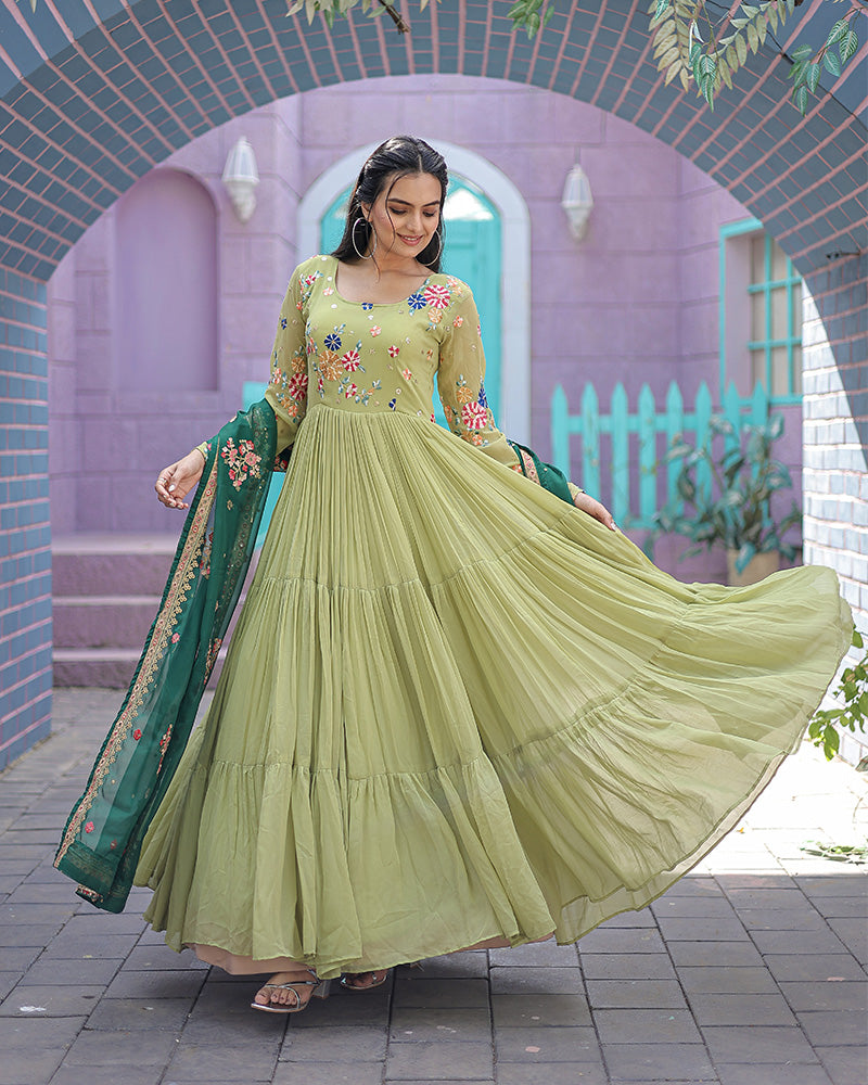 Pista Color Faux Georgette Designer Gown With Dupatta