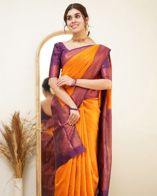 Orange Color Jacquard Print Banarasi Soft Silk Saree