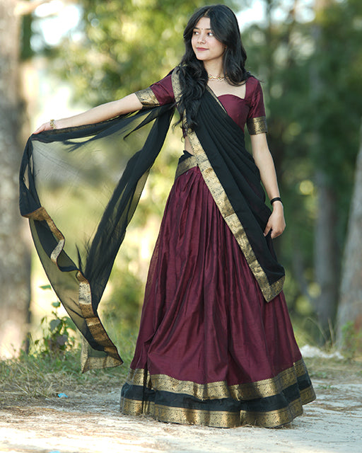 Wine Color Kanjivaram Silk Cultural Half Saree