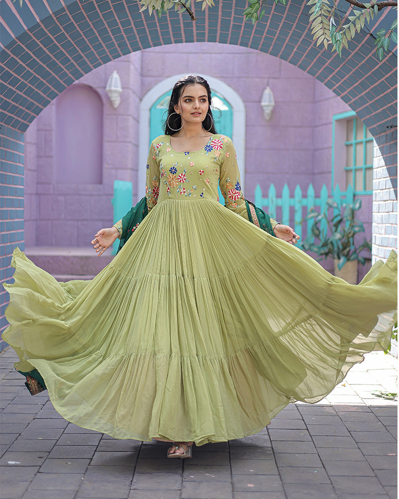 Pista Color Faux Georgette Designer Gown With Dupatta