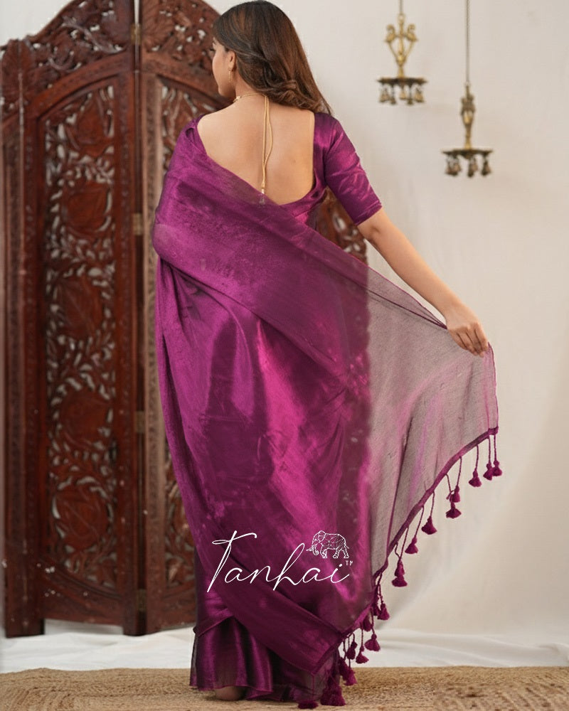 Wine Color Handloom Raga Tissue Cotton Saree