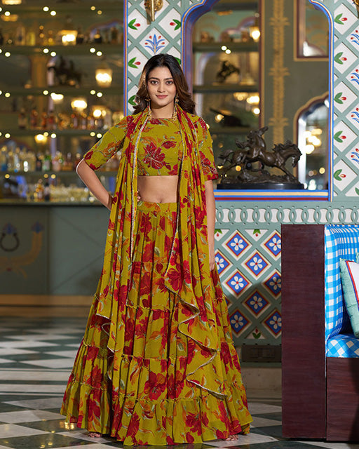 Olive Yellow Color Marble Floral Printed Lehenga Choli
