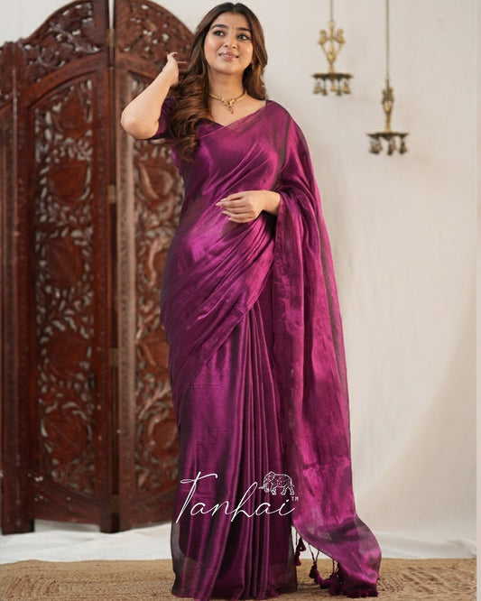 Wine Color Handloom Raga Tissue Cotton Saree