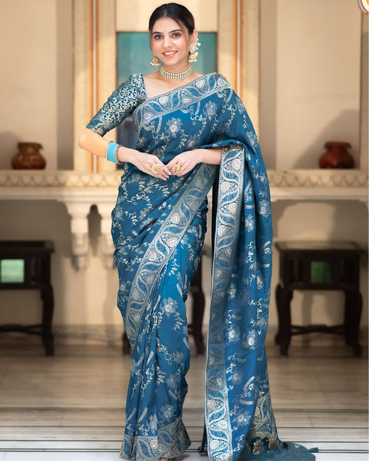 Rama Color Banarasi Jacquard Zari Weaving Saree