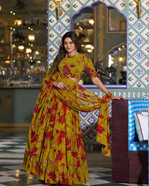 Olive Yellow Color Marble Floral Printed Lehenga Choli