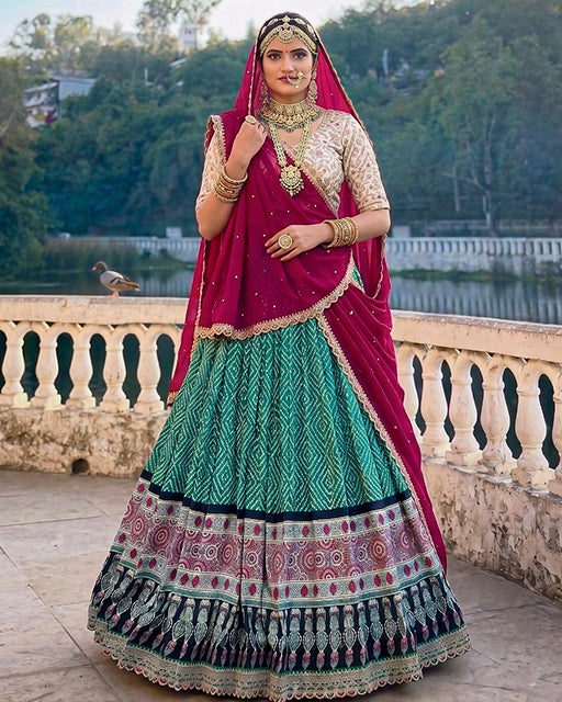 Royal Marwadi Bottle Green Color Bandhani And Ajarakh Print Lehenga Set