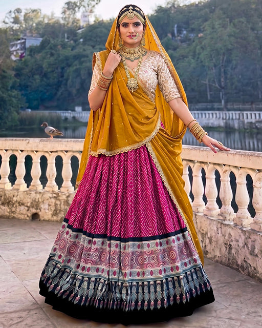 Royal Marwadi Pink Color Bandhani And Ajarakh Print Lehenga Set