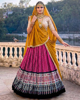 Royal Marwadi Pink Color Bandhani And Ajarakh Print Lehenga Set