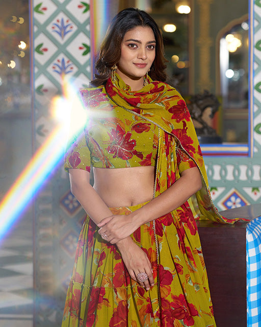 Olive Yellow Color Marble Floral Printed Lehenga Choli