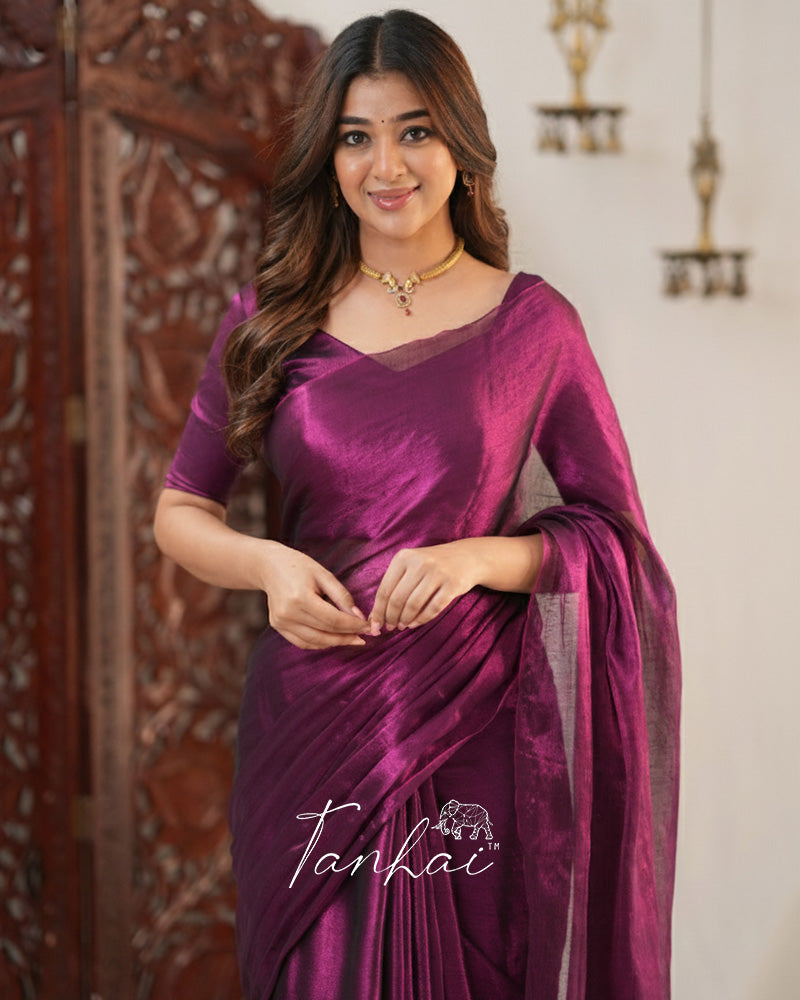 Wine Color Handloom Raga Tissue Cotton Saree