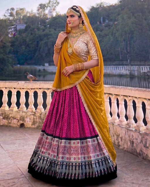 Royal Marwadi Pink Color Bandhani And Ajarakh Print Lehenga Set